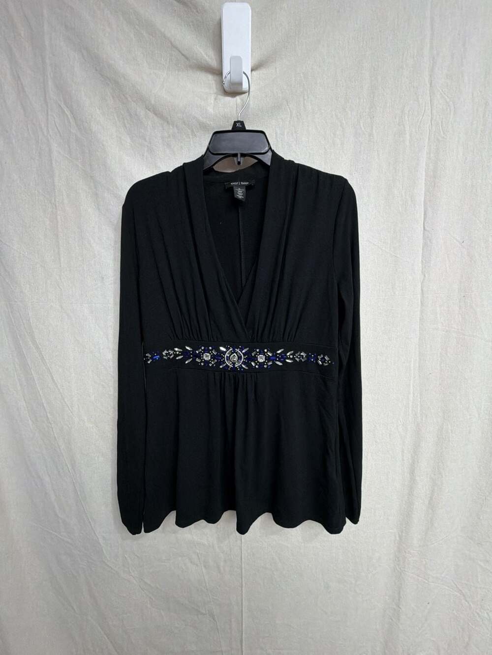 White House Black Market Black V-Neck Long Sleeve Blouse Top with Rhinestones Si